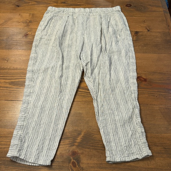 Anthropologie Cropped Linen Pull On Pants Women Size XL Cream‎ Striped Lagenlook - Picture 1 of 10